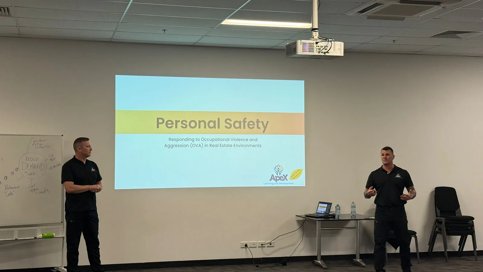 Two Apex trainers open a Personal Safety Program workshop in front of the title slide